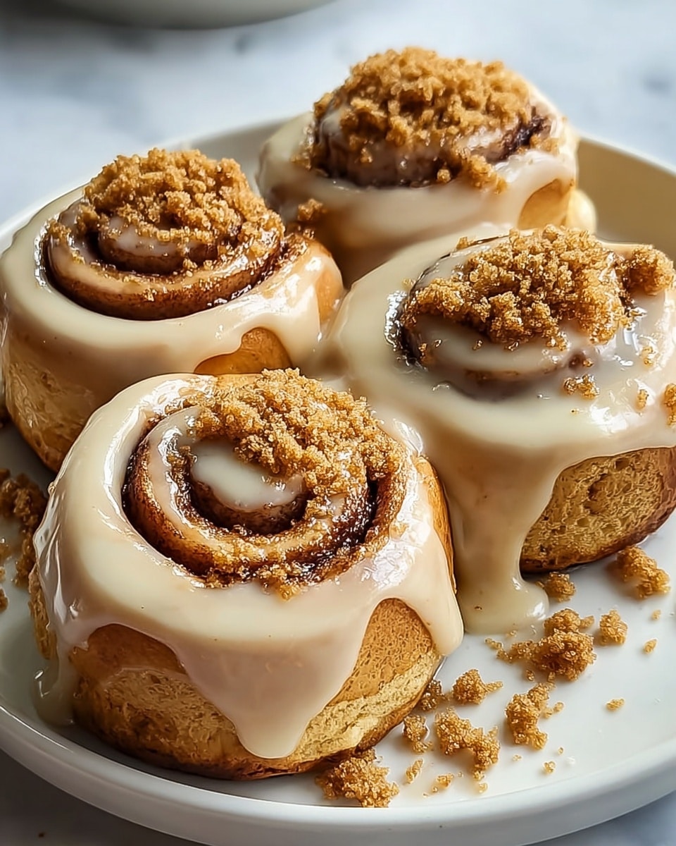 Four cinnamon rolls sit close together on a white plate with a white marbled surface beneath. Each roll has two main layers: a golden brown dough base with a visible spiral of dark cinnamon filling inside, topped by a thick layer of smooth, light cream-colored icing that drips down the sides. On top of each roll, there is a scattering of light brown, crumbly topping adding texture and color contrast. Some crumbs have fallen onto the plate around the rolls. Photo taken with an iphone --ar 4:5 --v 7