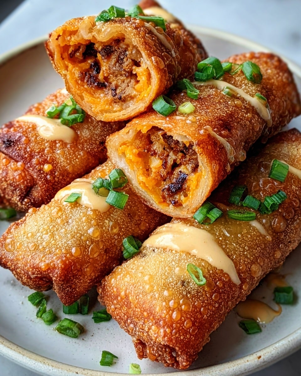 The image shows a close-up of four crispy, golden brown egg rolls, placed on a white plate with a white marbled surface underneath. The egg rolls have a crunchy texture with some drizzled light beige sauce on top. One egg roll is cut open, revealing a layered filling inside with dark brown, orange, and beige colors, likely a mix of meat and vegetables. Small pieces of chopped green onions are sprinkled both on the egg rolls and the plate, adding pops of green color. A woman's hand is holding one egg roll, enhancing the close-up view of the food. Photo taken with an iphone --ar 4:5 --v 7