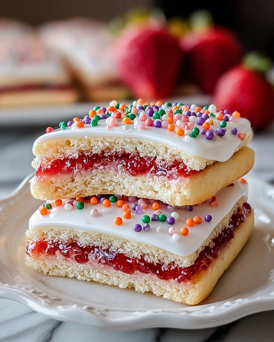 The image shows a close-up view of two stacked square-shaped cookies on a white plate with a scalloped edge, placed on a white marbled surface. Each cookie has three visible layers: the bottom layer is a soft, light golden cookie base with a slightly crumbly texture, the middle layer is a bright red strawberry jam that looks thick and glossy, and the top layer is a smooth white icing covered with small round colorful sprinkles in orange, purple, green, yellow, and red. The top cookie is cut in half to reveal the inside layers clearly, while the whole cookie lies under it. The background is softly blurred with out-of-focus red strawberries. photo taken with an iphone --ar 4:5 --v 7