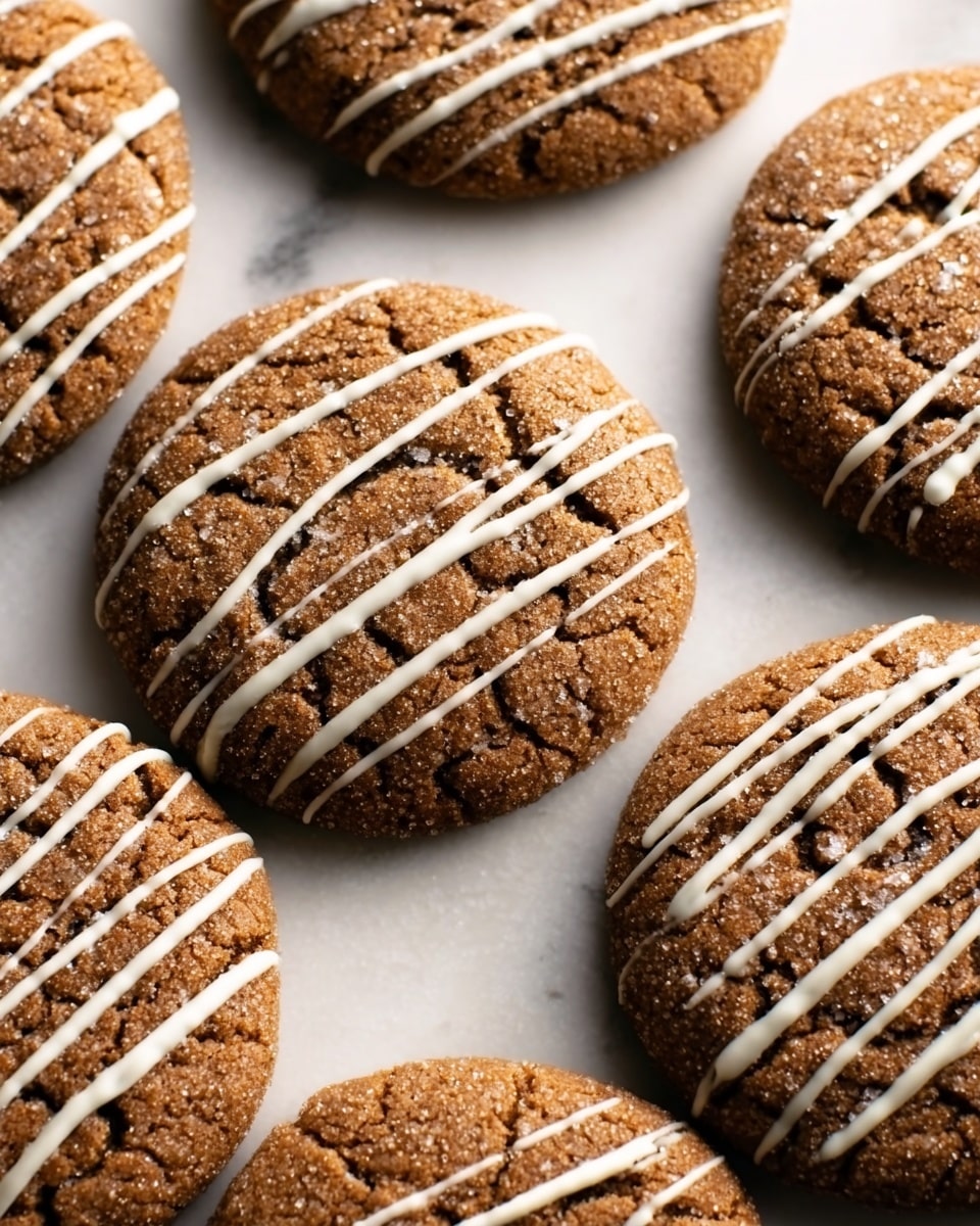 A close-up view of several round cookies with a rough, cracked surface and a brown color showing hints of darker spots, each cookie topped with thin white icing stripes drizzled diagonally in two or three lines. The cookies are sitting on a white marbled surface, arranged closely but not overlapping, with soft natural light highlighting their texture. Photo taken with an iphone --ar 4:5 --v 7