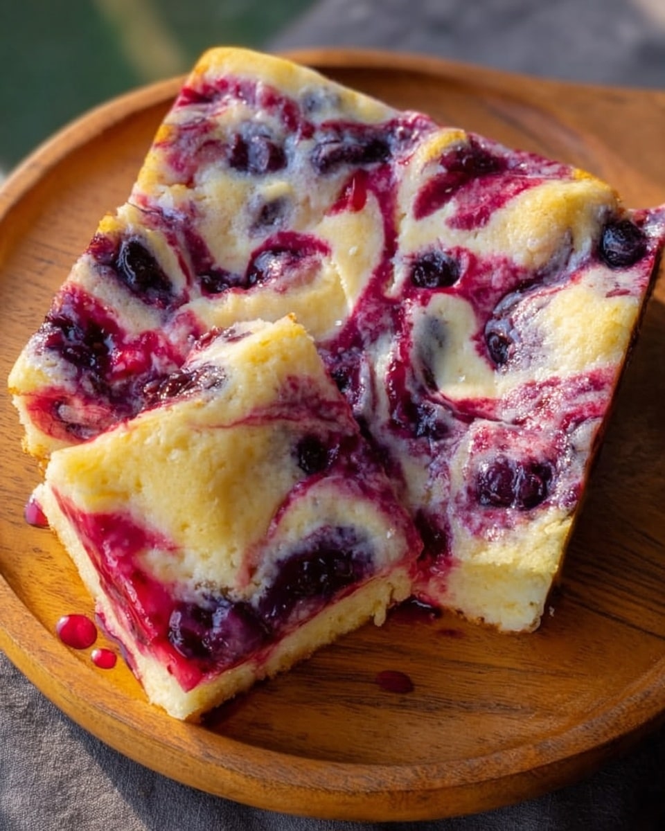 The image shows a square-shaped berry cake with a soft, fluffy texture on a round wooden board. The cake has two visible layers: a light yellow base layer and a top layer mixed with whole dark purple berries and swirled red berry juice. The red and purple colors spread unevenly across the cake, creating a marbled effect. Some juice slightly pools on the wooden board underneath the cake's corner. The cake surface looks moist and slightly shiny, with small wrinkles and folds in some areas. Photo taken with an iphone --ar 4:5 --v 7