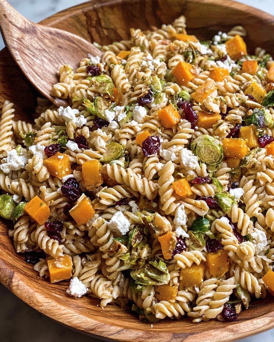 A close-up image shows a large wooden bowl filled with a colorful pasta salad. The salad has a base of spiral rotini pasta in light beige, mixed with bright orange cubes of roasted butternut squash, dark green roasted Brussels sprouts pieces, and scattered white crumbles of soft cheese. Small dark red dried cranberries are spread throughout the salad, adding contrast. A wooden spoon rests inside the bowl on the left side, blending with the bowl’s warm tones. The scene is bright and detailed, set on a white marbled surface. photo taken with an iphone --ar 4:5 --v 7