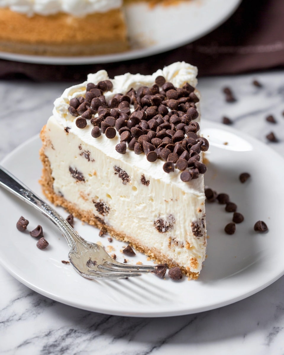 A slice of creamy white cheesecake with small dark chocolate chips mixed inside the thick, smooth filling. The cheesecake sits on a light brown, crumbly crust at the bottom. On top of the cheesecake layer, there is a generous layer of white cream covered with many more dark chocolate chips. The slice rests on a plain white plate with some chocolate chips scattered around it. A silver fork lies next to the cheesecake on the plate. The background shows a white marbled surface. photo taken with an iphone --ar 4:5 --v 7