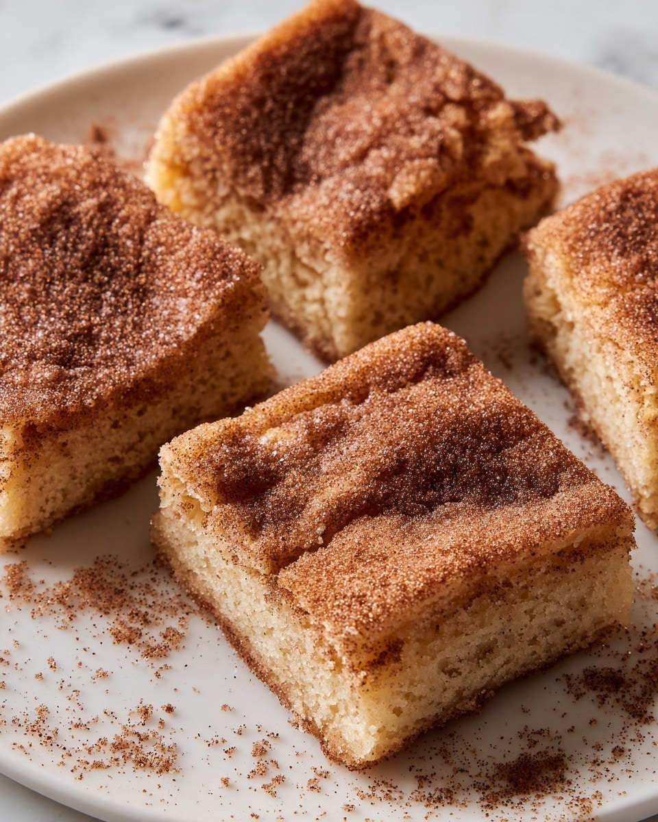 The image shows four square slices of a soft cinnamon sugar cake placed on a white plate. Each slice has one visible layer with a light brown color, and the top is covered with a thick, rough layer of cinnamon sugar, creating a slightly grainy texture. The edges of the slices show the cake's spongy interior, with light crumbs scattered around on the white marbled surface. The cinnamon sugar topping is darker and sprinkled unevenly, giving a rich contrast to the soft cake below. photo taken with an iphone --ar 4:5 --v 7