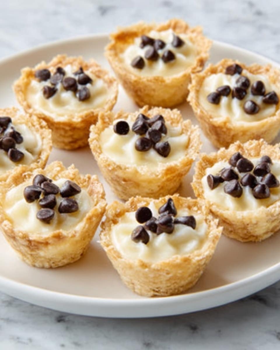 The image shows seven small tartlets arranged loosely on a white plate. Each tartlet has a golden-brown, crispy shell filled with a creamy white topping that looks smooth and fluffy. On top of the cream, there are small dark chocolate chips scattered evenly, adding texture and contrast to the light cream. Behind the plate, there is a small white bowl filled with additional dark chocolate chips. The surface underneath the plate is a white marbled texture. The photo taken with an iphone --ar 4:5 --v 7