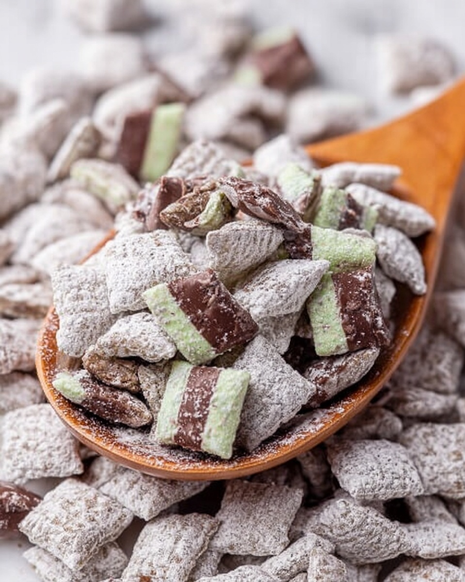 A close-up image of a wooden spoon filled with pieces of candy covered in light purple powder, resting on a surface also full of the same candies. The candies are small square and rectangular shapes with layers: a dark chocolate layer with a mint green stripe on top and a light-colored layer beneath, some pieces are whole while others show the layers inside. The background has a white marbled texture that contrasts softly with the candies and spoon. Photo taken with an iphone --ar 4:5 --v 7