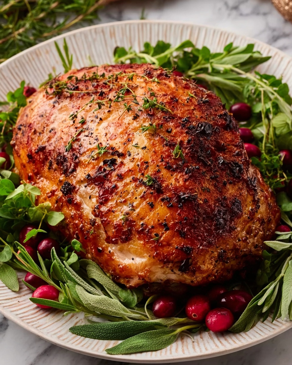 A large roasted chicken breast with a crispy golden-brown skin sits in the center of a white plate, topped with small green herb bits. The chicken has a slightly charred texture on one side and a juicy, well-cooked appearance. Surrounding the chicken are fresh green herbs like rosemary and sage, along with bright red cranberries that add a pop of color. The plate rests on a white marbled surface, giving a clean and fresh look. Photo taken with an iphone --ar 4:5 --v 7