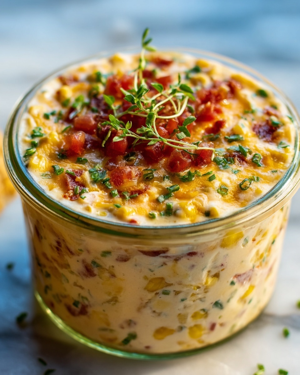 A clear glass jar filled with multiple layers of a creamy, cheesy dish. The bottom layer is light yellow with visible bits of cooked corn and small green herbs. Above it, a thick layer of melted cheese covers mixed chopped tomatoes and finely chopped green onions spread evenly across the top. The surface is topped with small sprigs of fresh green herbs and diced red tomatoes, giving a colorful and fresh look. The jar sits on a white marbled surface. photo taken with an iphone --ar 4:5 --v 7