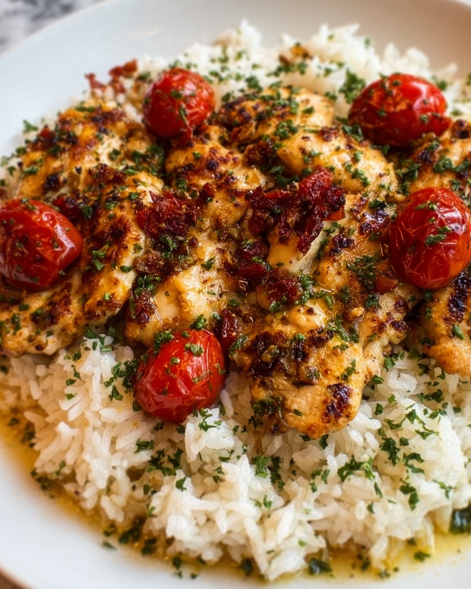 A white plate holds grilled chicken pieces with a slightly charred, golden-brown surface, topped with finely chopped green herbs and halved cherry tomatoes scattered over the chicken. Beneath the chicken, there is a bed of fluffy white rice mixed with small bits of herbs, giving subtle green specks throughout. The colors contrast nicely, with the warm tones of the chicken and tomatoes sitting on fresh white rice, all placed on a white marbled surface. photo taken with an iphone --ar 4:5 --v 7