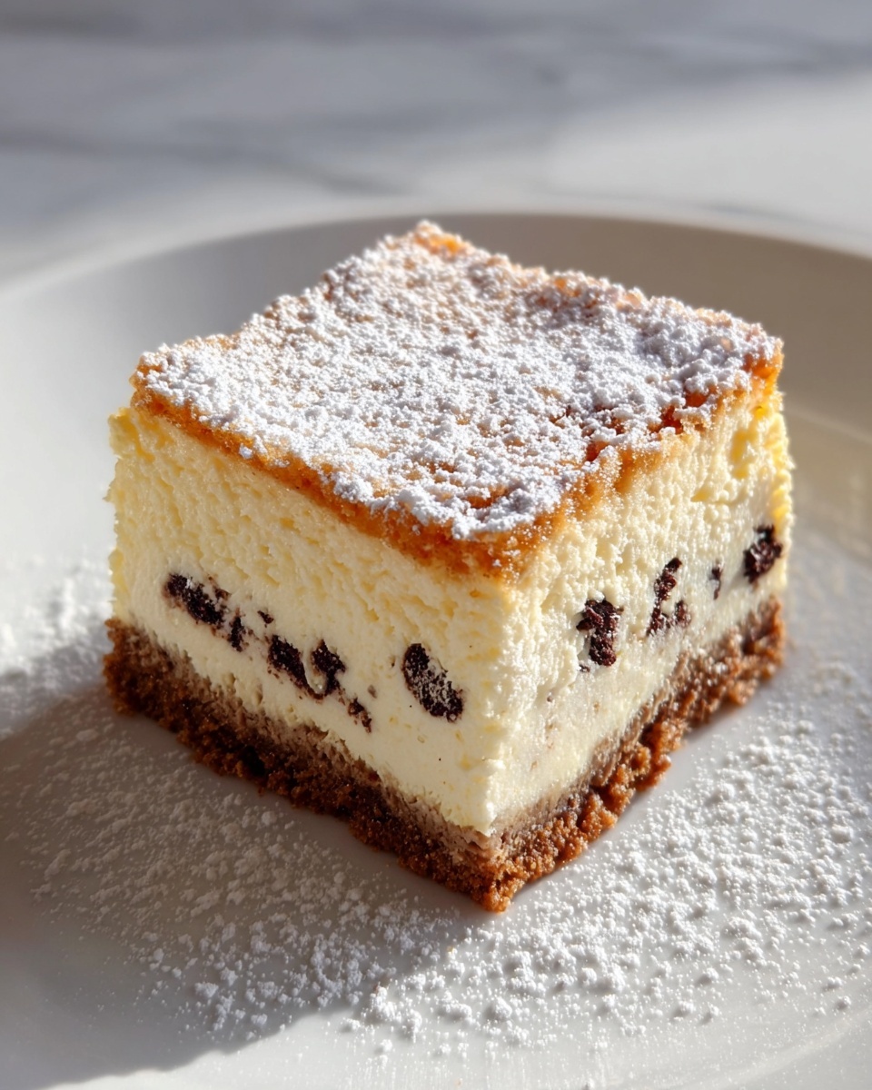 A square slice of cheesecake with three distinct layers sits on a white plate. The bottom layer is a crumbly, golden-brown cookie crust. The middle layer is thick, creamy, and pale yellow cheesecake, dotted with small dark chocolate chips spread evenly through the layer. The top layer is a thin, slightly browned cheesecake crust dusted with a generous amount of white powdered sugar, some of which has scattered onto the plate. The background is a white marbled texture. Photo taken with an iphone --ar 4:5 --v 7