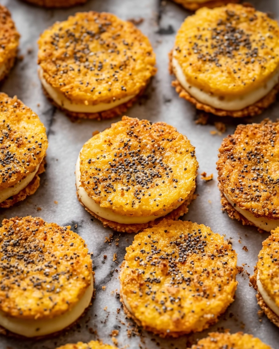 The image shows several small round treats arranged closely on a baking tray with a white marbled texture underneath. Each treat has two golden-yellow, crispy, and slightly uneven layers that look like baked cheese crisps with small dark seeds on top, likely poppy seeds. Between these two crispy layers, there is a smooth, creamy, pale-yellow filling that is slightly thicker than each crisp layer, creating a sandwich-like look. The overall texture contrasts between crunchy and soft. The scene is bright and the treats are the main focus, filling the frame. photo taken with an iphone --ar 4:5 --v 7