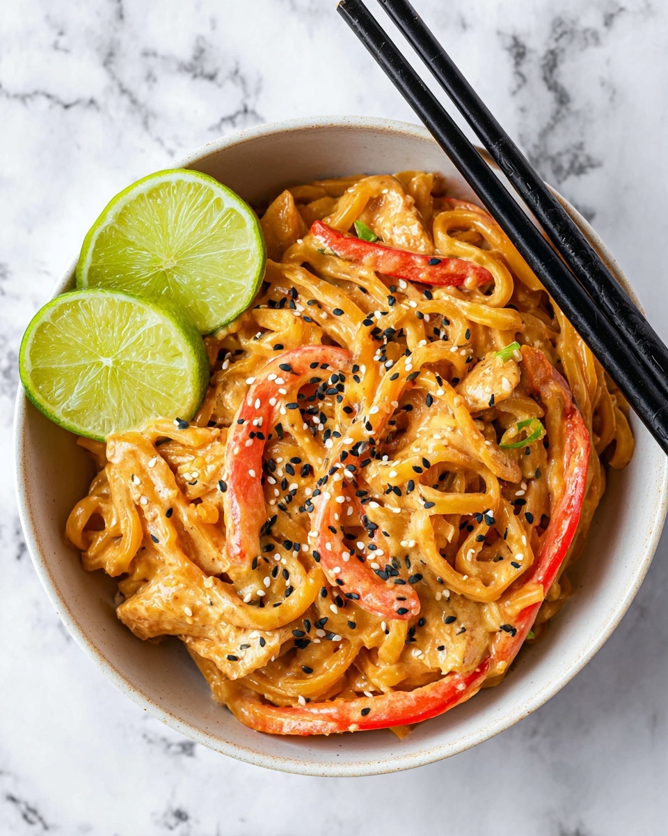 A white bowl filled with thick, creamy orange sauce-coated noodles mixed with thin red bell pepper strips and pieces of chicken, sprinkled with black and white sesame seeds on top; two bright green lime wedges rest on the left side of the noodles, and a pair of black chopsticks lies on the right edge of the bowl. The bowl sits on a white marbled surface. photo taken with an iphone --ar 4:5 --v 7
