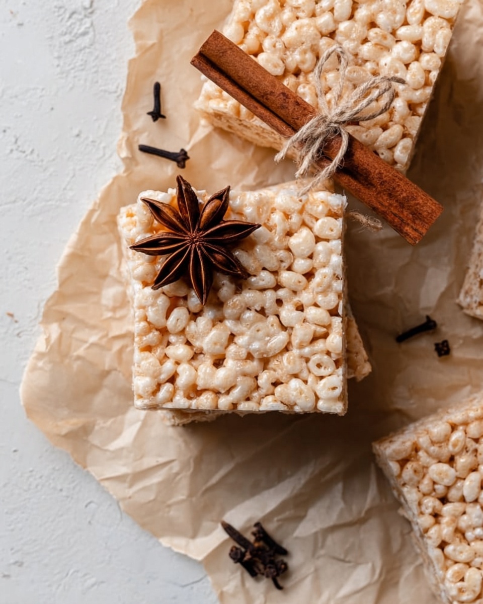 The image shows several square rice crispy treats with a light golden color and visible puffed rice texture. The top square has two cinnamon sticks placed diagonally and one star anise resting on it, adding a warm brown contrast to the treat’s pale color. The treats are laid on crumpled light parchment paper with scattered whole cloves. The background features a white marbled texture that gives a clean and soft look to the scene. photo taken with an iphone --ar 4:5 --v 7