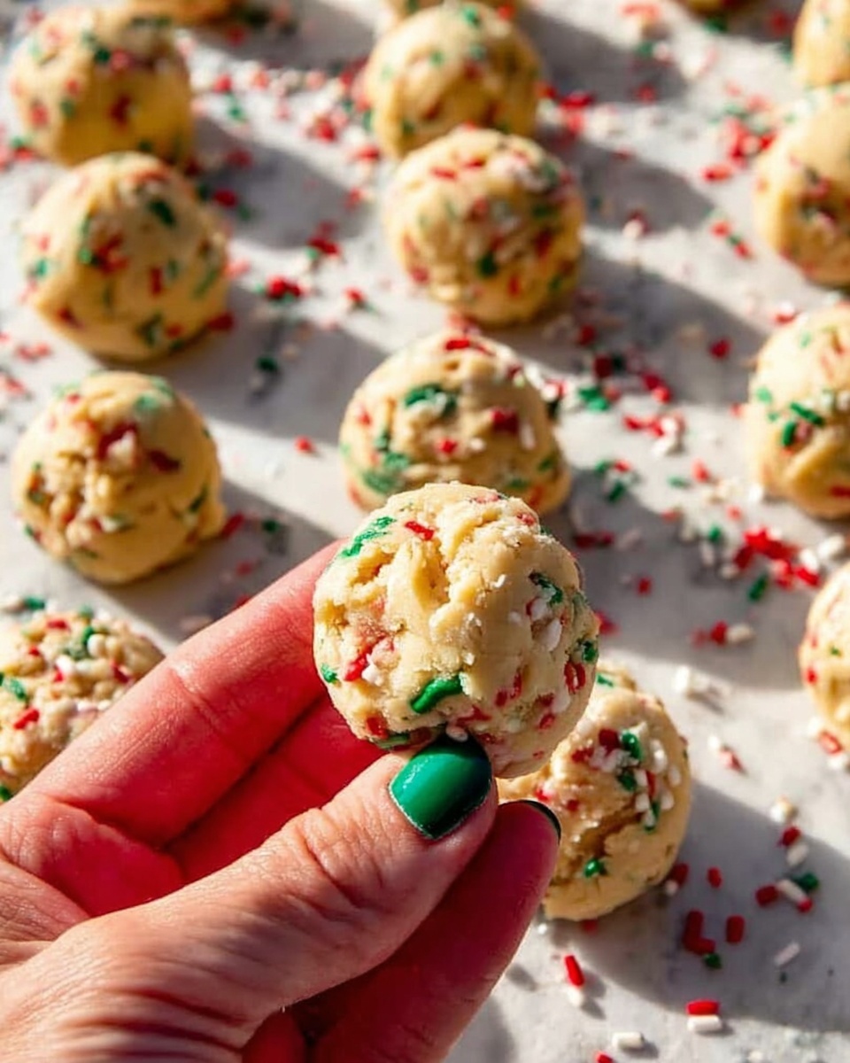 The image shows many small cookie dough balls with red, green, and white sprinkles inside them, placed on a white marbled surface covered with parchment paper. In the foreground, a woman's hand with green nail polish holds one cookie dough ball close to the camera, showing its soft, creamy texture and colorful sprinkles inside. The dough balls are round, light beige in color, and look soft and a little crumbly with bright festive sprinkles. Scattered sprinkles surround the dough balls, adding small pops of red, green, and white all over the scene. The light is bright, casting soft shadows behind the dough balls across the white marbled surface. photo taken with an iphone --ar 4:5 --v 7