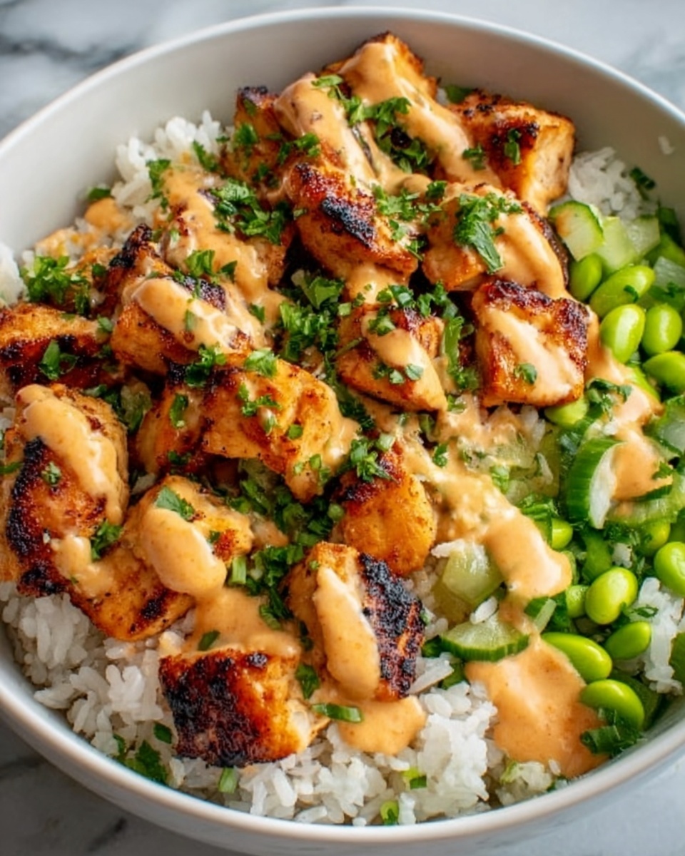 A white bowl filled with a base layer of white rice, topped with small grilled chicken pieces that have a golden-brown charred texture. Over the chicken, there is a creamy light orange sauce drizzled evenly, garnished with chopped fresh green herbs scattered on top. Along the edge of the bowl, there are bright green edamame beans adding a fresh contrast. The bowl sits on a white marbled surface. Photo taken with an iphone --ar 4:5 --v 7