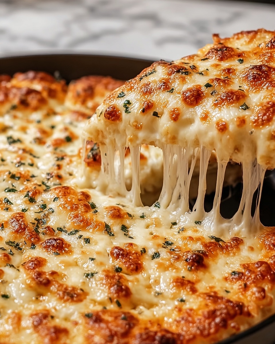 A close-up view of a golden cheese pizza being lifted, showing thick, melted cheese stretching in long strings. The pizza has a single layer of glossy, creamy white cheese with browned spots on top, and is sprinkled with small green herb flakes. The pizza rests on a black pan, with a white marbled texture underneath. photo taken with an iphone --ar 4:5 --v 7