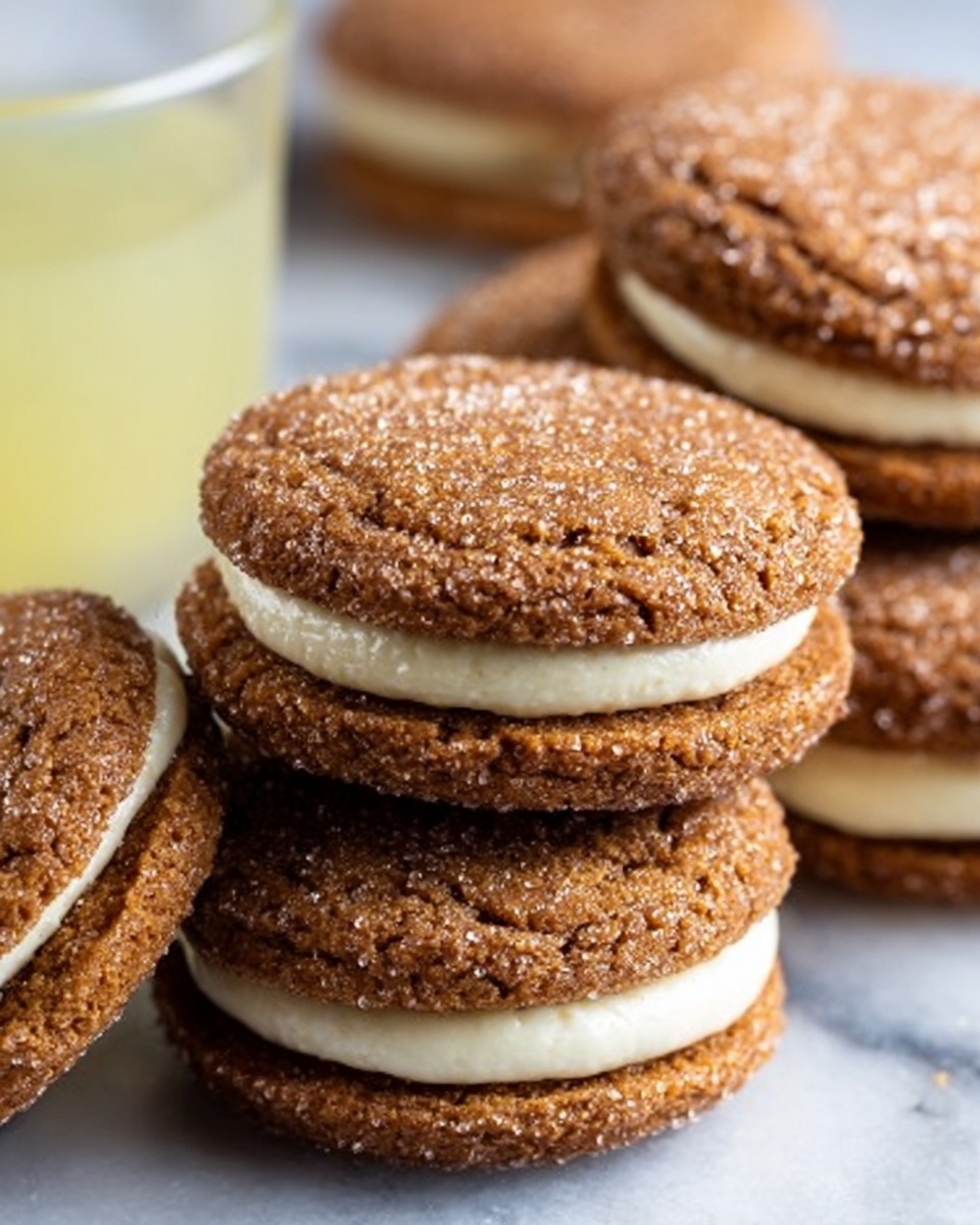 The image shows several round sandwich cookies stacked and placed close together on a white marbled surface. Each cookie has two brown, sugar-coated layers that look soft and slightly cracked on top, with a smooth, creamy white filling in the middle. The cookies appear slightly textured, with sparkling sugar crystals on the outer brown layers. A glass of light yellow liquid is blurred in the background. photo taken with an iphone --ar 4:5 --v 7