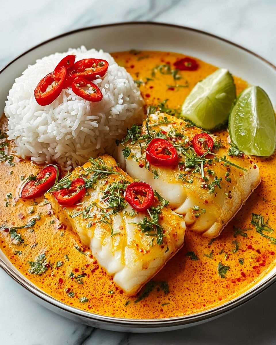 The dish shows two thick pieces of white fish fillet placed side by side on the right half of a white bowl, covered in a glowing yellow curry sauce with a smooth texture and some small green and red spices. Fresh green chopped herbs and thin red chili slices are sprinkled over the fish and sauce. On the left side of the bowl, there is a mound of fluffy white rice with a few red chili slices resting on top near the fish. Two green lime halves sit on the far right edge of the bowl. The bowl is on a white marbled texture surface. Photo taken with an iphone --ar 4:5 --v 7