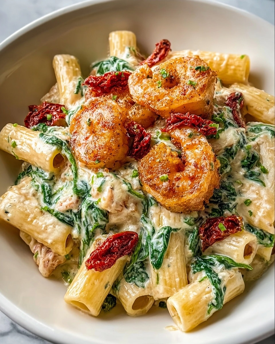 The dish shows rigatoni pasta covered in a creamy white sauce rich with green spinach leaves mixed throughout. On top and among the pasta are five large, golden-brown shrimp with a crispy texture. Bright red sun-dried tomato pieces add color contrast, scattered evenly across the plate. The whole dish sits in a white bowl with a smooth finish, placed on a white marbled background. photo taken with an iphone --ar 4:5 --v 7