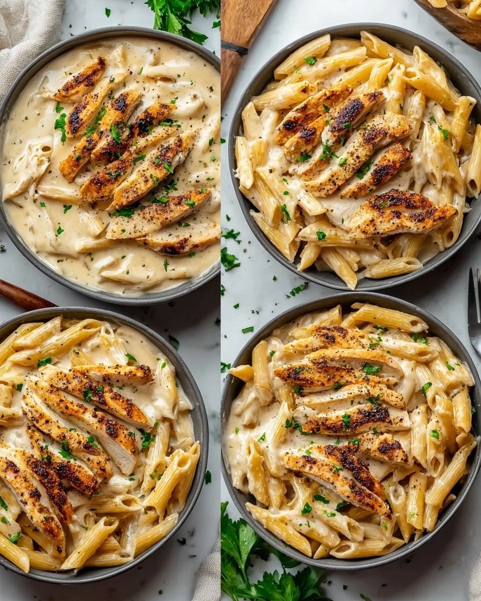 Four views of creamy chicken penne pasta served in white bowls on a white marbled surface. Each bowl shows layers of al dente penne pasta in a smooth, light beige creamy sauce spread evenly. On top, several browned grilled chicken strips with golden, slightly charred edges are arranged neatly. Fresh green parsley flakes are sprinkled over the pasta and chicken for color contrast. Light specks of ground black pepper are visible on the sauce and chicken, adding texture. The scene is bright and clean, with some parsley leaves and utensils placed around the bowls. photo taken with an iphone --ar 4:5 --v 7