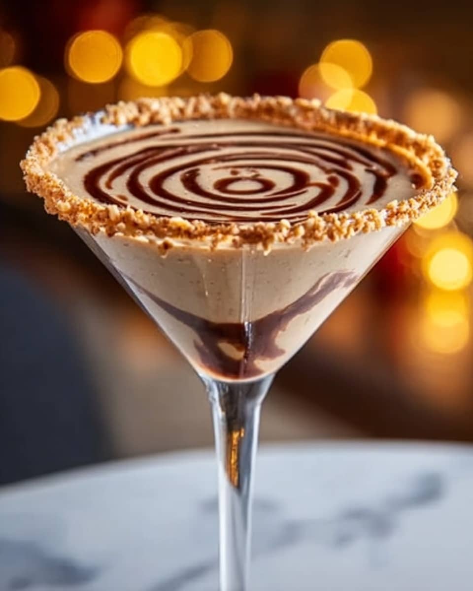 A creamy light brown drink fills a clear martini glass with a swirl of dark brown chocolate sauce on top, creating a spiral pattern. The rim of the glass is coated with crushed nuts around the edge, adding texture and color contrast to the smooth drink. The glass stem is thin and shiny, standing against a white marbled surface. Warm soft lights create a cozy feel in the blurred background. Photo taken with an iphone --ar 4:5 --v 7