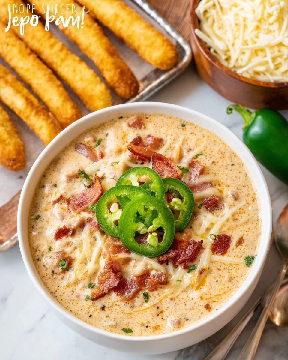 The image shows a white bowl filled with jalapeno popper chili, which has a creamy beige base mixed with small pieces of browned bacon and bits of jalapeno. The chili is topped with crispy bacon pieces and several bright green jalapeno slices arranged in the middle. Around the bowl, there are scattered shredded white cheese and whole green jalapenos. In the background, there is a white tray with rows of golden brown toasted breadsticks or crackers placed on a white marbled surface. A woman's hand is partially visible, holding the bowl from one side. The photo taken with an iphone --ar 4:5 --v 7
