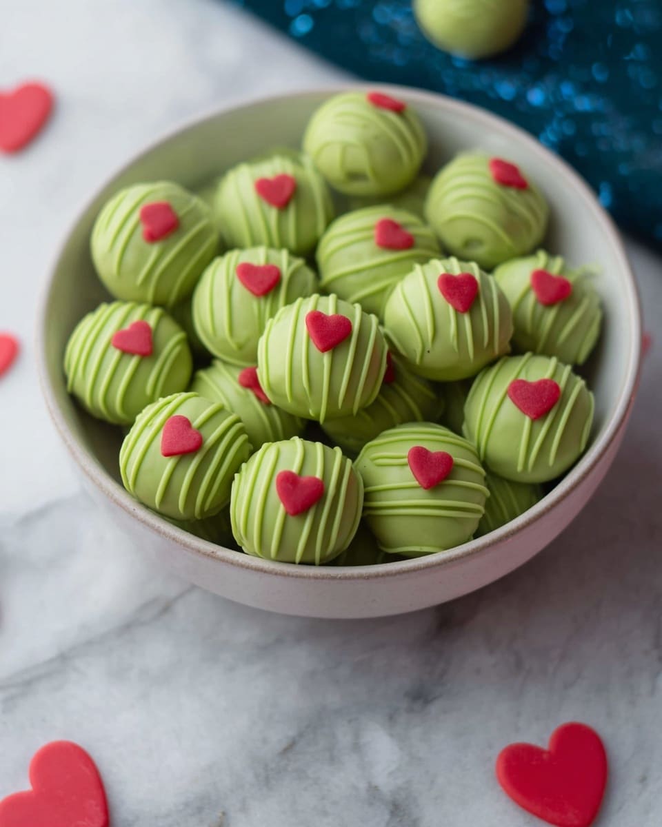 A bowl filled with round green sweets, some decorated with thin green icing lines wrapped around them and topped with small red heart shapes; others are plain green with a single red heart on top. The bowl is white with a brown rim, placed on a white marbled surface, with a few red heart shapes scattered around the bowl. The green sweets have a smooth and slightly glossy texture, stacked neatly inside the bowl. photo taken with an iphone --ar 4:5 --v 7