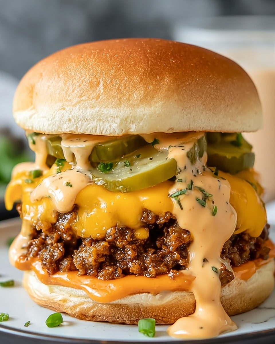 A close-up view of a juicy burger with four visible layers inside a soft, golden brown bun topped with chopped green herbs. The bottom layer is a spread of creamy orange sauce resting on the bottom bun. Above it is a thick, textured layer of cooked ground beef mixed with tiny bits of green herbs. On top of the beef sits a smooth, bright melted yellow cheddar cheese layer, followed by a slightly thick light orange sauce spread unevenly over the cheese. The next layer is several green pickles partially covered by the sauce. The burger is placed on a white plate that sits on a white marbled surface. photo taken with an iphone --ar 4:5 --v 7
