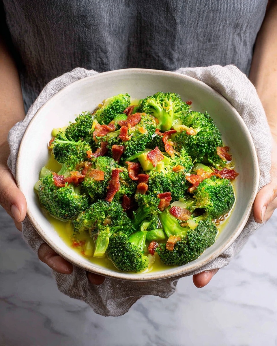 A white bowl is held by a woman's hands wrapped in a light grey cloth, filled with bright green broccoli florets that have a fresh, slightly glossy texture. Scattered on top are small pieces of crispy, reddish-brown bacon, adding a crunchy contrast to the green vegetables. The broccoli sits in a light yellowish sauce that pools gently at the bottom of the bowl. The background is a white marbled surface, and the person holding the bowl wears a grey apron. photo taken with an iphone --ar 4:5 --v 7