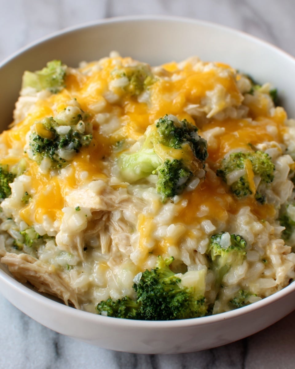 A close-up view of a creamy mixture in a white bowl shows layers of soft white rice and bits of tender shredded chicken, with bright green broccoli florets scattered throughout. Melted golden-yellow cheddar cheese is generously spread on top, blending smoothly with the creamy base and adding a shiny texture. The dish looks warm and gooey, with the broccoli pieces standing out against the light colors of rice and chicken, all resting inside a clean, white bowl placed on a white marbled surface. photo taken with an iphone --ar 4:5 --v 7