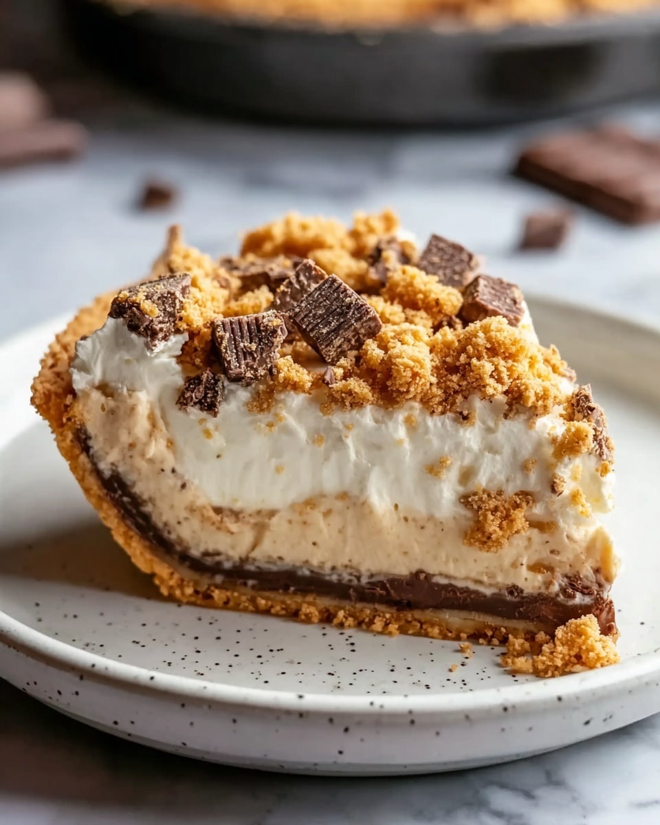 A slice of pie with four visible layers sits on a white plate on a white marbled surface. The bottom layer is a dark brown crumbly crust. Above that is a light beige creamy layer with a slightly uneven texture. The third layer is a thick, smooth white cream. The top layer is light brown crumbs mixed with small chocolate chunks scattered unevenly across the surface. The background shows part of a pie pan with more crust and crumbs visible. Photo taken with an iphone --ar 4:5 --v 7