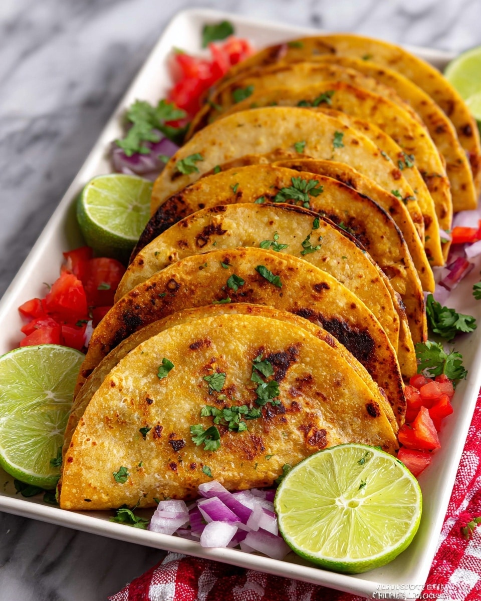 A white rectangular plate holds five folded tacos arranged in a neat row, each taco showing a golden-brown crispy outer shell with slight charring and small green cilantro leaves sprinkled on top. The tacos have a warm, textured look suggesting a crunchy finish. Around the tacos, there are bright green lime wedges with a juicy, fresh appearance placed at the front and side edges of the plate. Scattered around the plate are vibrant red diced tomatoes and purple chopped onions, adding pops of color. Fresh green cilantro leaves fill in the empty spaces, and the whole setting rests on a white marbled surface with a red and white checkered cloth partly visible beneath the plate. photo taken with an iphone --ar 4:5 --v 7