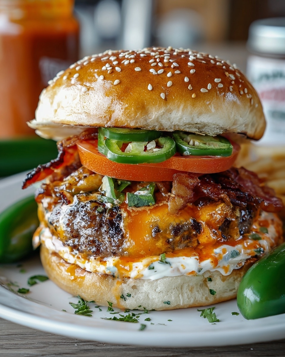 A close-up of a juicy burger on a white plate with a white marbled surface in the background. The bottom layer is a soft, slightly toasted white bun with specks of green herbs around it. Above that, there is a spicy orange sauce with chopped herbs. Next is a thick, grilled beef patty covered with melted cheddar cheese that looks glossy and golden. On top of the cheese are slices of fresh green jalapeños and crispy brown bacon pieces. Above the bacon, there is a bright red tomato slice and a thick layer of creamy white sauce with green herb flecks. The top is a shiny, golden-brown sesame seed bun. Nearby, there are whole jalapeños and a jar of sauce in the background. Photo taken with an iphone --ar 4:5 --v 7