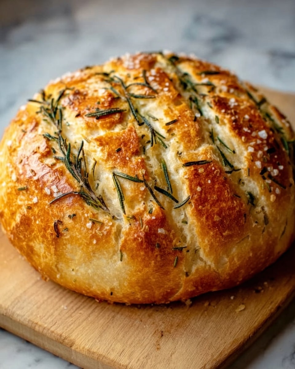A round loaf of bread with a golden-brown crust sits on a wooden board over a white marbled surface. The bread has deep cuts forming a crisscross pattern on top, with fresh green rosemary leaves and coarse salt sprinkled over the surface. The texture looks crusty and crisp, with a soft and airy inside visible through the cuts. The light creates a warm shine on the bread's smooth and rough parts. photo taken with an iphone --ar 4:5 --v 7