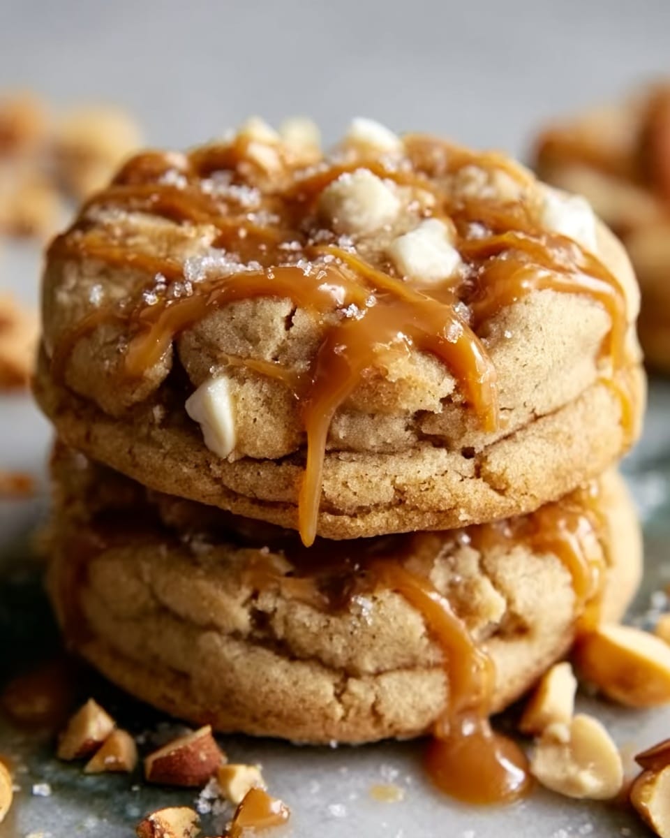 Two stacked cookies are shown close up, each cookie is thick with a cracked surface, light beige in color, and studded with small white nut pieces. A light drizzle of glossy caramel sauce covers the top cookie, pooling slightly in the cracks and around the edges. The cookies sit on a white marbled surface, with scattered nuts and caramel bits around them. The texture looks soft and chewy inside with a slight crunch outside. Photo taken with an iphone --ar 4:5 --v 7