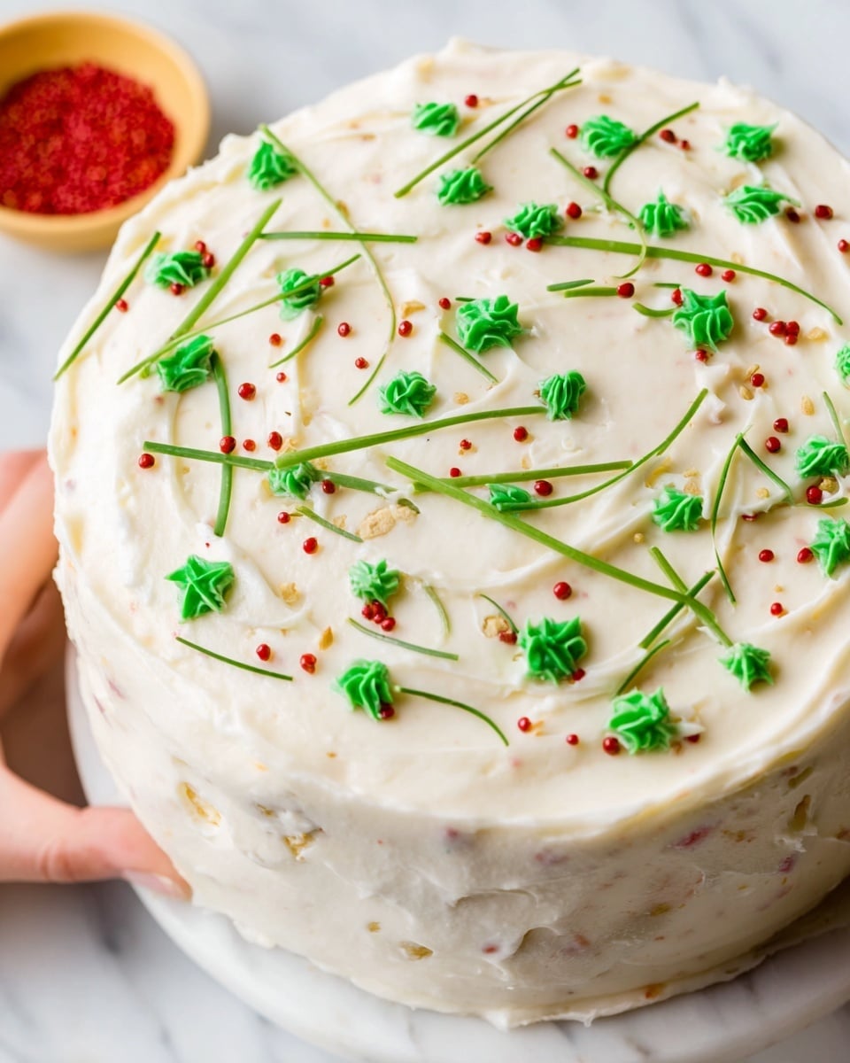 The image shows a close-up of a frosted cake with a smooth, thick layer of white cream covering the top and sides. The frosting has small texture swirls and is decorated with scattered green leaf-shaped pieces, red round sprinkles, and thin green chive-like bits on top. The cake sits on a white marbled surface with a woman's hand gently touching the side. Photo taken with an iphone --ar 4:5 --v 7
