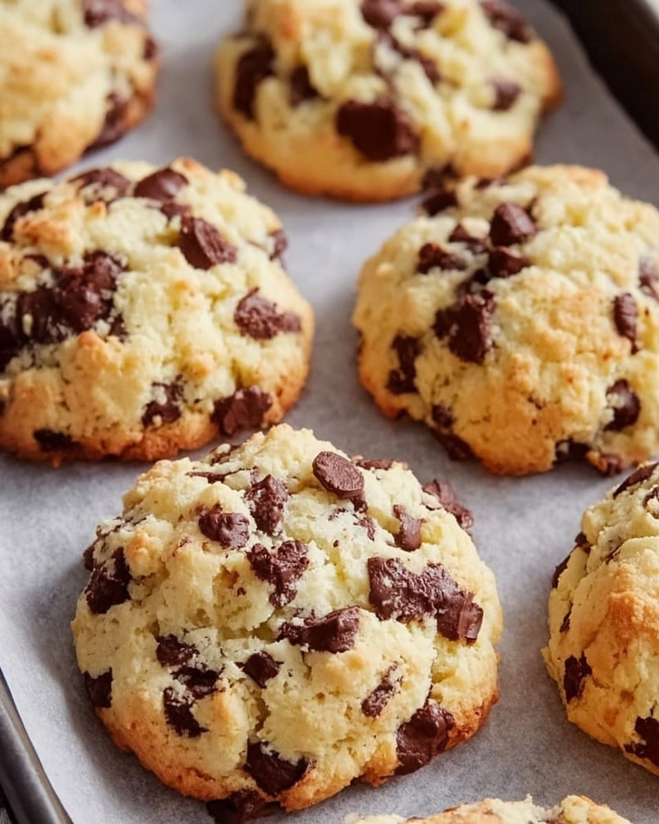 The image shows a close-up of thick, soft cookies with a crumbly texture and many dark chocolate chunks scattered throughout. Each cookie has a slightly golden bottom edge, a pale doughy top, and a rough, uneven surface full of chocolate pieces of various sizes. They rest closely together on a tray lined with parchment paper, which sits on a white marbled surface. The overall look is warm, inviting, and rich. photo taken with an iphone --ar 4:5 --v 7