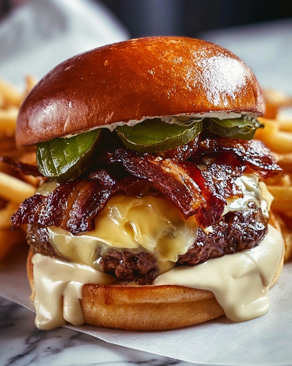 A close-up view of a stacked burger featuring a shiny, golden-brown top bun with a smooth texture. Below the bun, there is a layer of crispy, dark brown bacon strips. Underneath the bacon is a melted, creamy light yellow cheese layer that drapes over a thick, juicy beef patty with a charred, textured surface. Below the patty, several green pickle slices rest on a bed of fresh, green lettuce. At the bottom, a soft, slightly toasted golden-brown bottom bun holds it all together, with a light, creamy sauce dripping over its edges. The burger sits against a white marbled texture background, surrounded by golden, crispy fries. Photo taken with an iphone --ar 4:5 --v 7