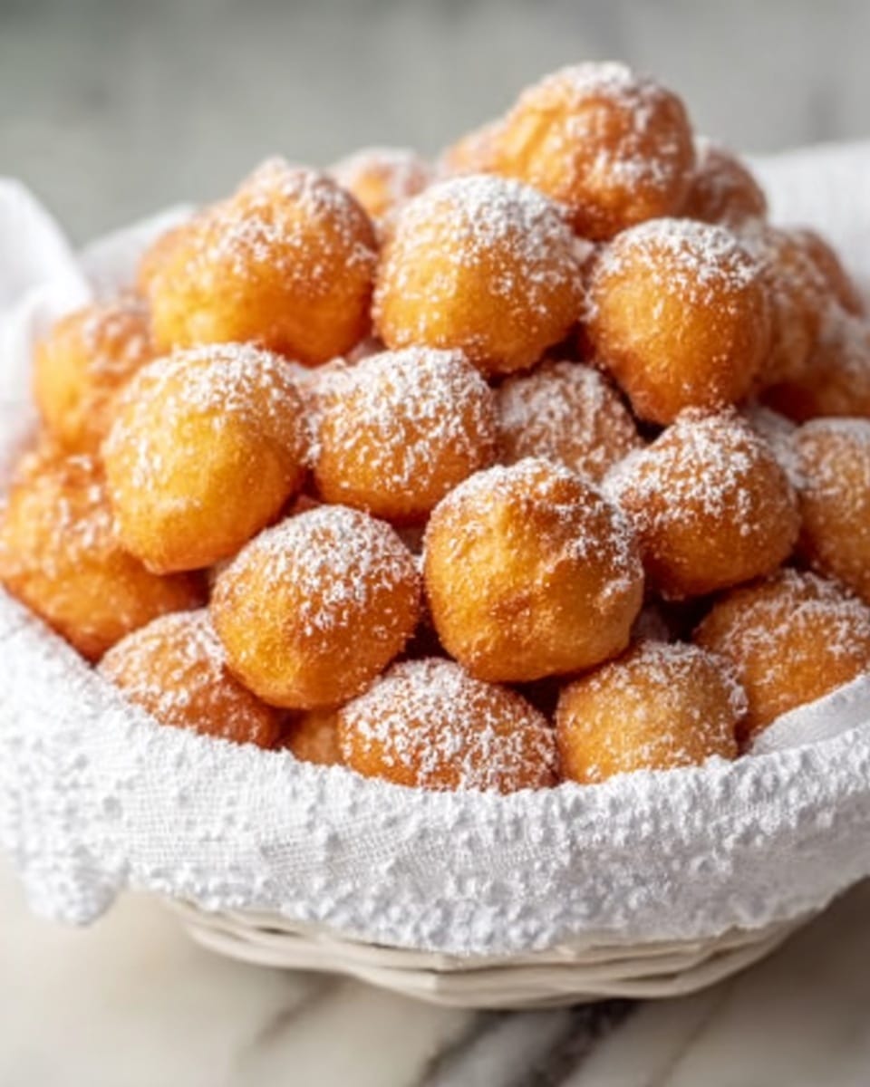 A white woven basket full of small, round golden-brown fried dough balls lightly dusted with powdered sugar. The dough balls have a crispy texture with some cracks and a slight shine from frying. The basket rests on a white marbled surface with a soft, natural light highlighting the warm tones of the dough balls. photo taken with an iphone --ar 4:5 --v 7