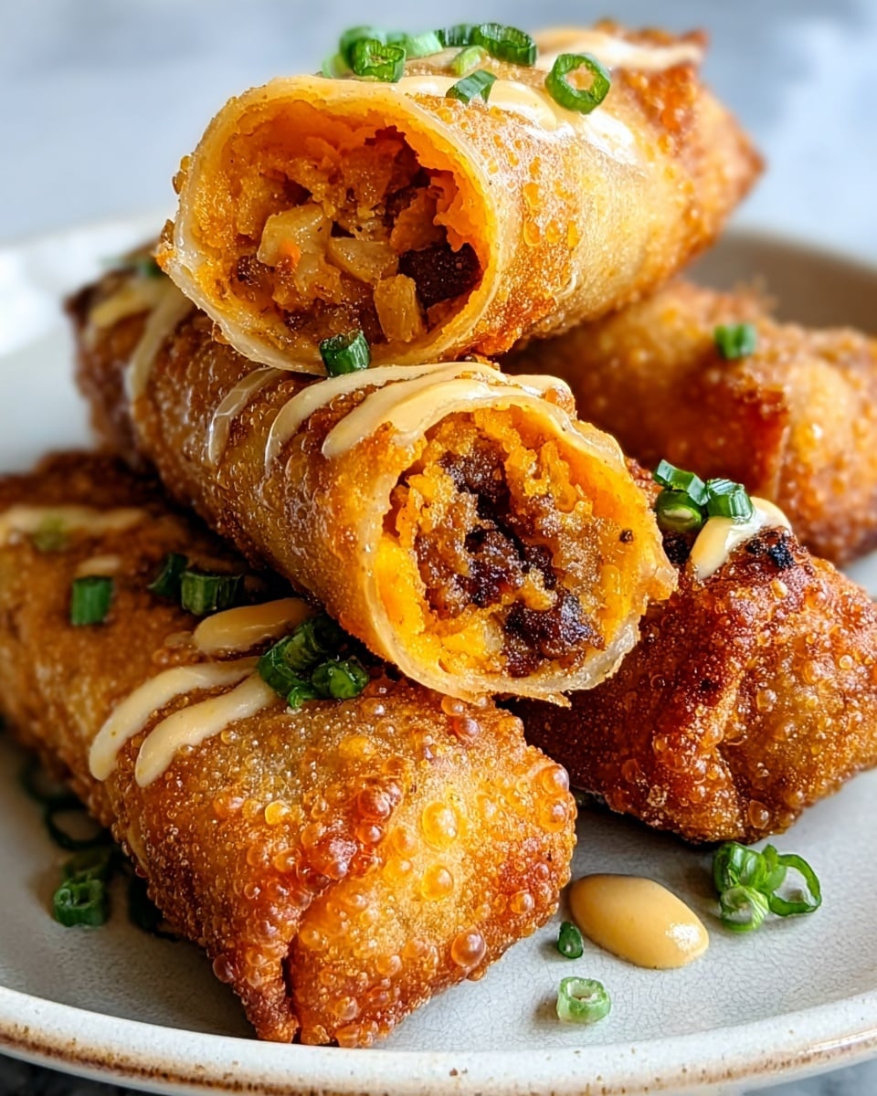 The image shows four golden-brown fried rolls placed closely on a white plate with a white marbled background. Each roll is crispy with small bubbles on the outer layer, giving it a crunchy texture. One roll is cut open, revealing an orange, soft filling mixed with bits of dark brown, crumbly meat inside. Some rolls have a drizzle of light yellow sauce on top, and small pieces of chopped green onions are sprinkled over the rolls and plate for color contrast. Photo taken with an iphone --ar 4:5 --v 7