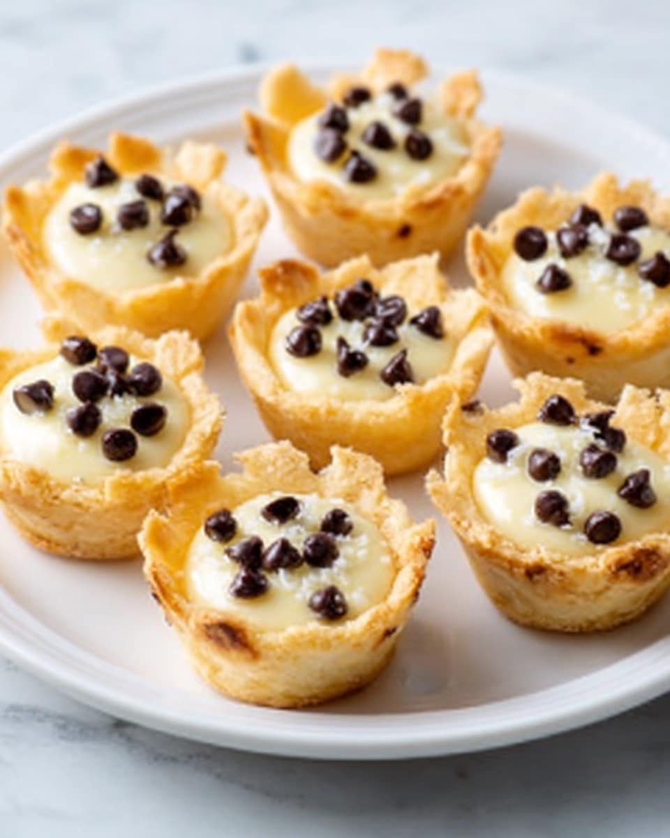 The image shows seven small tartlets arranged on a white plate placed on a white marbled surface. Each tartlet has a flaky, golden-brown crust forming the base and sides. Inside, there is a creamy, smooth, light yellow filling that looks soft and thick. On top of the filling, small dark chocolate chips are scattered evenly, adding texture and color contrast. The tartlets are close together but not touching. The lighting highlights the shininess of the filling and the crumbly texture of the crust. Photo taken with an iphone --ar 4:5 --v 7