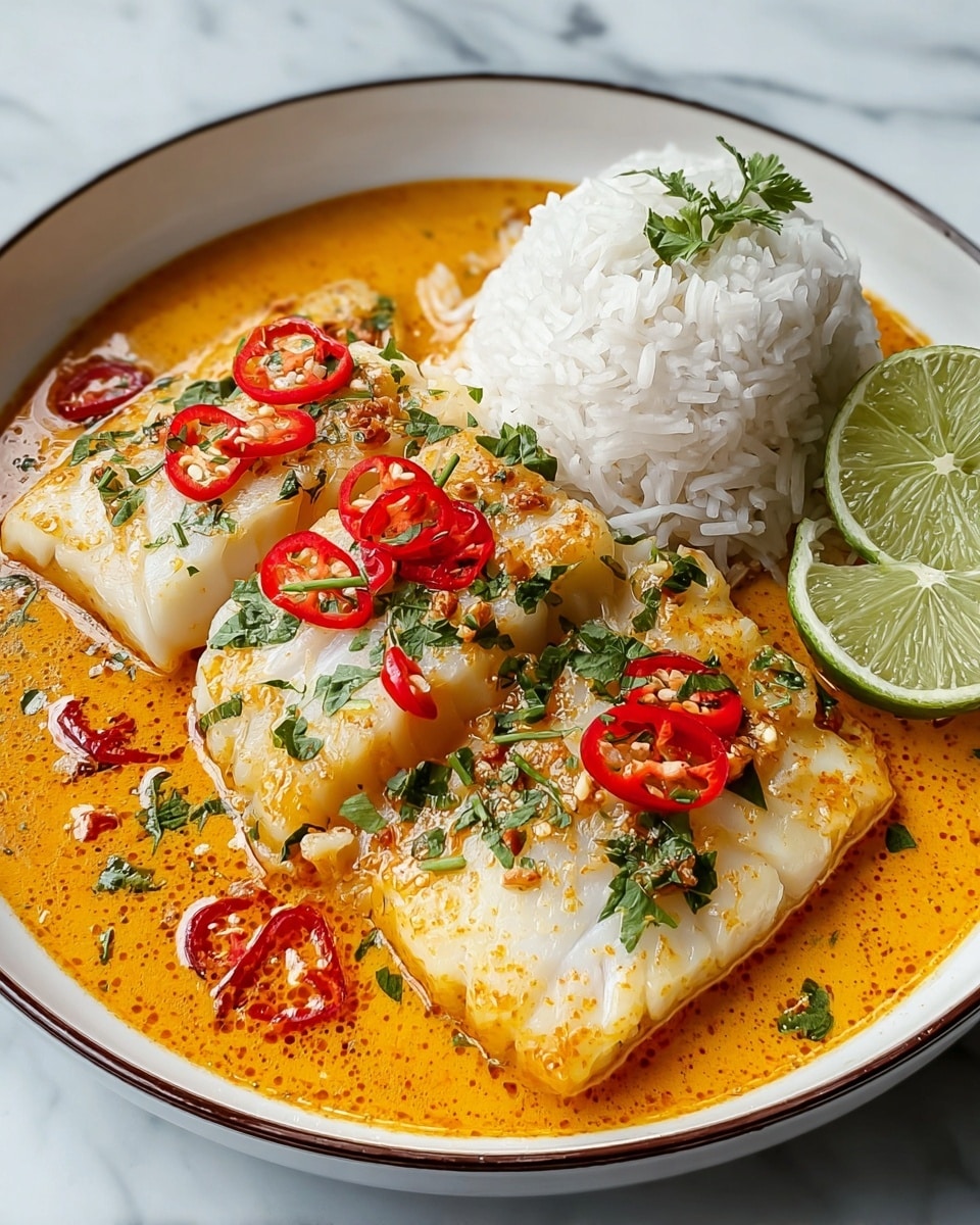 The dish shows two thick white fish fillets, cut into slices and placed side by side in a shallow pool of bright orange curry sauce with a creamy texture, sprinkled with small green herb pieces and red chili slices on top. To the left of the fish, there is a mound of fluffy white rice, and red chili slices rest on the edge where the rice meets the sauce. On the right side near the fish, there are two lime halves adding a fresh green touch. All the food is served in a white bowl with a thin dark rim, sitting on a white marbled surface. photo taken with an iphone --ar 4:5 --v 7