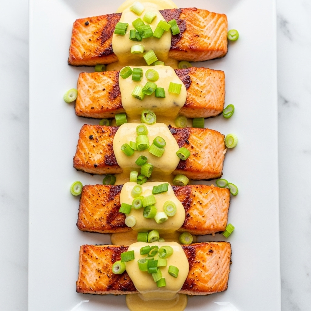The image shows six pieces of grilled salmon arranged in two rows on a white rectangular plate. Each salmon piece has a golden-brown charred texture on top with a light pinkish-orange color on the sides. A thick, creamy yellow sauce is generously poured over the salmon, dripping down the sides and pooling slightly at the bottom. Fresh chopped green onions are sprinkled evenly over the sauce and salmon, adding a bright green contrast. The plate is set on a white marbled surface, enhancing the colors of the dish. photo taken with an iphone --ar 4:5 --v 7