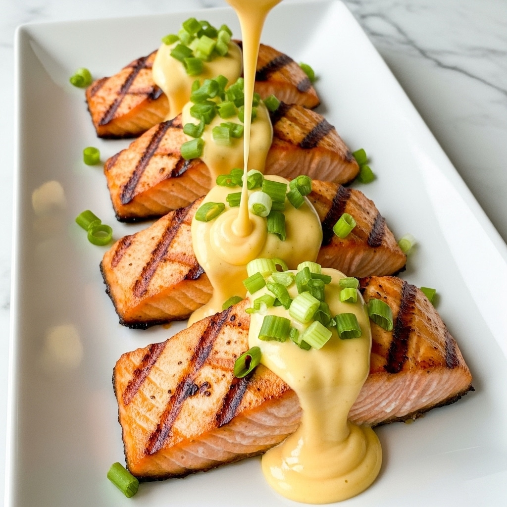 The dish shows six pieces of grilled salmon fillets arranged close together in a white square dish, each piece cooked with a golden-brown crust and slightly charred edges. The salmon fillets are topped with a smooth, bright yellow sauce that drips down the sides and pools slightly at the bottom. Finely chopped green herbs, mostly fresh chives, are sprinkled generously all over the salmon and sauce, adding a fresh green contrast. The dish is placed on a white marbled surface, enhancing the warm colors of the food. photo taken with an iphone --ar 4:5 --v 7