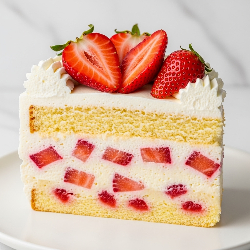 A slice of cake with three visible layers: the bottom layer is a light yellow sponge with small red strawberry pieces, the middle layer is creamy and white with chunks of strawberries mixed inside, and the top layer is a thin cake layer covered with white whipped cream. On top of the whipped cream, there are several halved whole strawberries, adding a bright red color and texture contrast. The slice is on a white plate against a white marbled background. Photo taken with an iphone --ar 4:5 --v 7