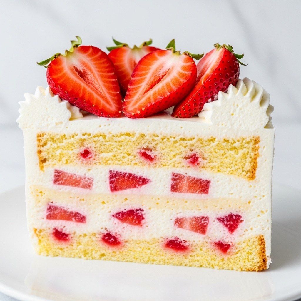 A close-up view of a slice of cake shows three layers: a light yellow sponge cake layer at the bottom with pieces of red strawberries inside, a middle creamy white custard layer with chunks of strawberries, and another sponge cake layer on top with more pieces of strawberries. The top of the cake is decorated with white whipped cream dollops and whole red strawberries. The cake is on a white plate, placed on a white marbled surface. Photo taken with an iphone --ar 4:5 --v 7