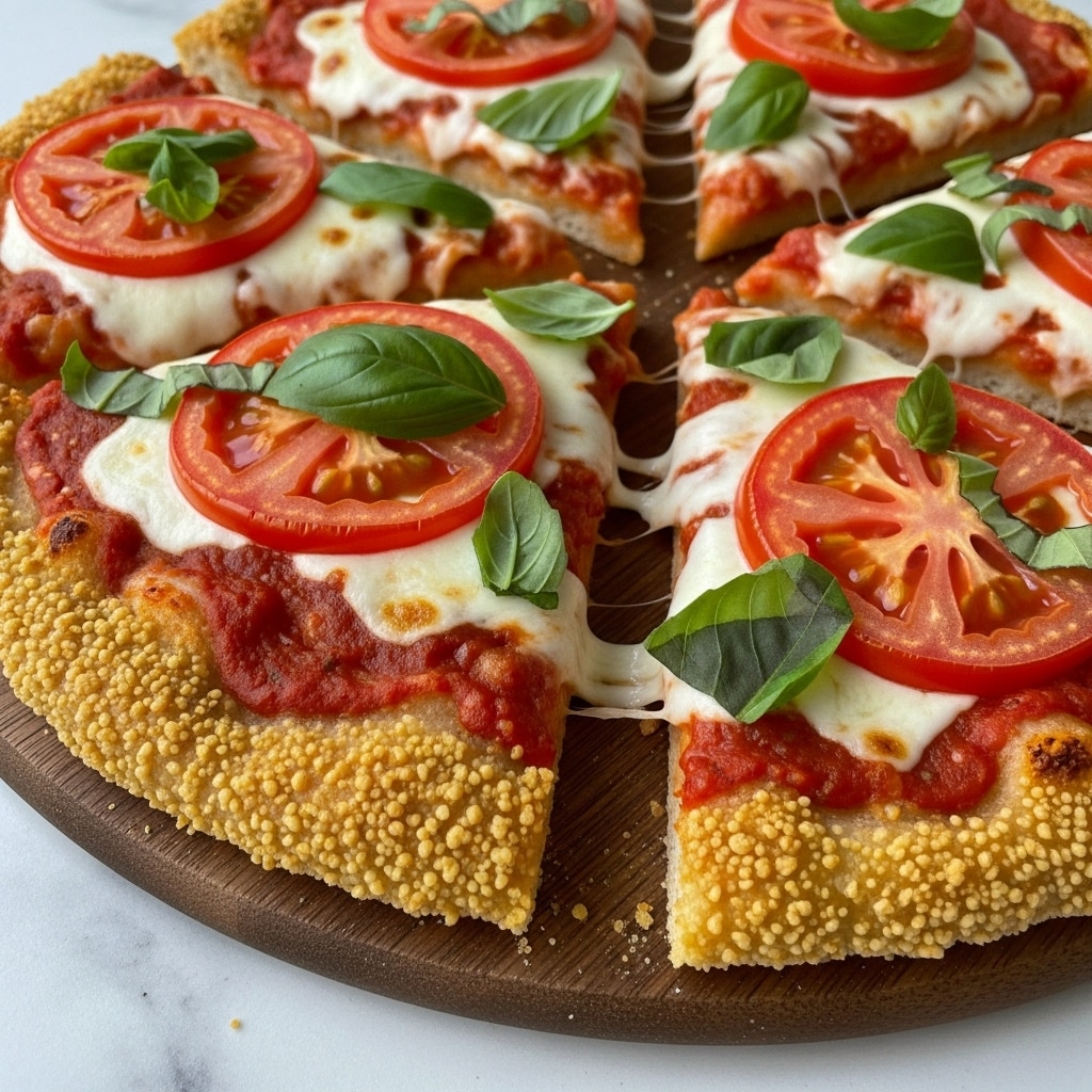 A close-up of a pizza sliced into six pieces on a wooden board, sitting on a white marbled surface. The pizza has a thick, golden, crispy crust that is textured and crumbly. On top of the crust is a layer of bright red tomato sauce, evenly spread. Melted white cheese covers the sauce, looking gooey and slightly browned in spots. Each slice has one or two fresh, round tomato slices with a rich red color. Fresh green basil leaves, some torn, are scattered on top, adding a pop of color to the pizza. photo taken with an iphone --ar 4:5 --v 7