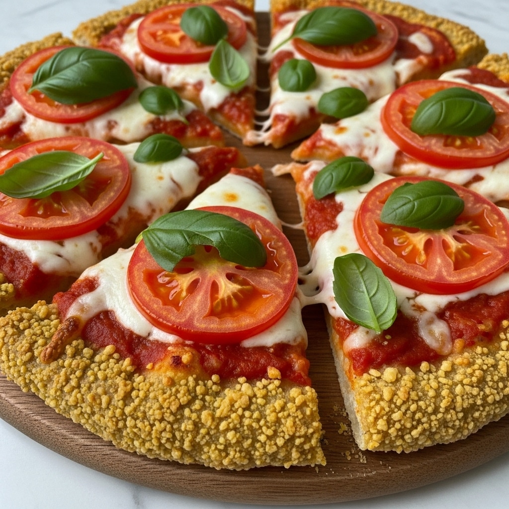 A round pizza cut into six slices rests on a light wooden board placed on a white marbled surface. The pizza has three main layers: the bottom is a thick, golden-brown crust with a crunchy, crumbly texture; above it, there is a red tomato sauce spread evenly; the top layer is melted white cheese with slight browning in some spots, covered with fresh slices of red tomato and scattered pieces of chopped green basil leaves. The cheese looks creamy and smooth, slightly bubbling in places, and the tomato slices and basil add fresh color contrast. Photo taken with an iphone --ar 4:5 --v 7