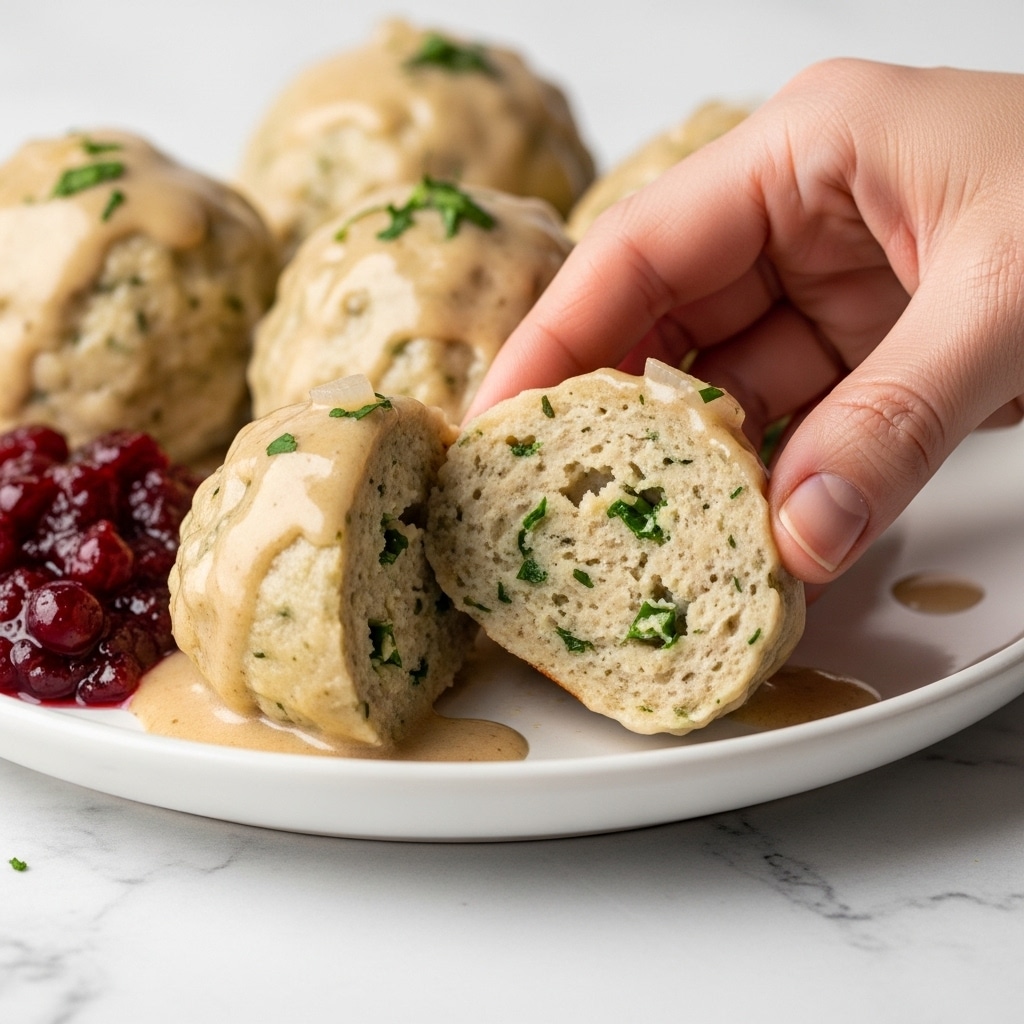 The image shows a close-up of several soft dumplings covered in a creamy, light brown gravy, placed on a white plate on a white marbled surface. The dumplings have a smooth, slightly shiny exterior with small specks of herbs visible in the dough. One dumpling is cut open, displaying a soft, fluffy inside filled with finely chopped green herbs and onions. There is a small amount of dark red cranberry sauce on the side, adding color contrast. A woman's hand is gently holding the cut dumpling, showing texture and size. Photo taken with an iphone --ar 4:5 --v 7