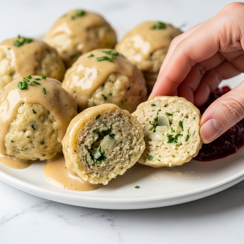 The image shows a close-up of several round dumplings covered in a creamy light brown sauce, arranged on a white plate. One dumpling is broken open in the front, revealing a soft, moist inside with a mix of finely chopped herbs and small bits, showing a slightly greenish and beige texture. The sauce looks smooth and silky, covering the dumplings partially, with small herbs sprinkled on top. To the side, there is a small portion of a dark red, glossy condiment that contrasts with the lighter colors of the dumplings and sauce. The background is a white marbled surface, adding a clean and bright feel to the image. Photo taken with an iphone --ar 4:5 --v 7